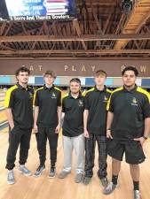 From left are West Milford High School seniors Colton Hardison, Kyle Frommelt and Jaden Foster and juniors Glenn Dowson and Ezekiel Pena. The bowling team competed in the county tournament Jan. 10. (Photo by Alex Caillie)