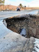 A sinkhole forces the eastbound lanes of Route 80 near Wharton to close Thursday, Dec. 26. (Photo courtesy of the New Jersey Department of Transportation)