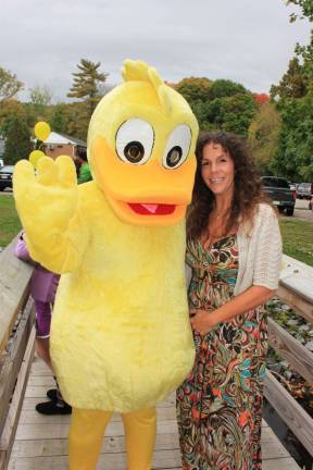 Duck, Mayor. Well, that doesn't sound right. Duck and Mayor. Elks Club Duck Race, Saturday, 10/6/12. Mayor Bettina Bieri and duck mascot. Photo by Ginny Raue.