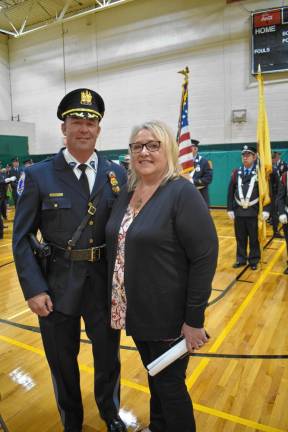 West Milford Police Chief Shannon Sommerville and Mayor Michele Dale at the annual Memorial Day commemoration, which was moved to West Milford Recreation Center because of the weather.