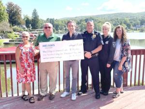 L-R: Deputy Mayor Kelli Kelm, Mayor Tom Howley, NY State Senator James Skoufis, Greenwood Lake Police Chief Adam Eirand, Greenwood Lake Police Dispatcher Shauna Schwetje, and Village of Greenwood Lake Clerk Katheleen Holder.