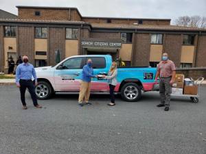 Mohawk House owner Steve Scro with Vernon Senior Center’s Mishelle Downtain, Sparta police chief Neil Spidaletto and Vernon police chief Daniel Young.