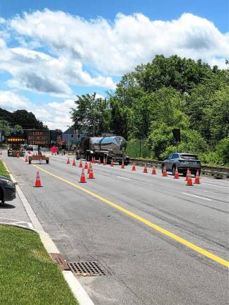 A detour is set up on Route 15 South in Jefferson. Even early Sunday afternoon, June 9, traffic on much of the detour was bumper to bumper. (Photo by Kathy Shwiff)