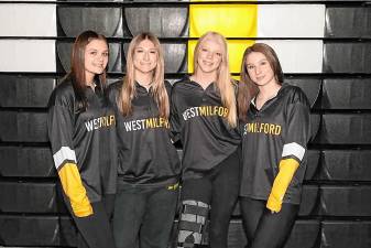 From left are West Milford High School wrestlers Taylor Keegan, Maddie Hammett, Ariana Canipe and Jackie Sloan. (Photo by LORS Photography)