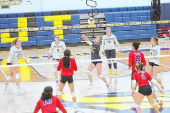 FV1 Jefferson's Kylie Plunkett (21) bumps the ball in the game against Secaucus on Nov. 14. The Falcons won in straight sets, 25-14, 25-23, in the Group 1 semifinal and went on to win the Group 1 title. (Photos by George Leroy Hunter)