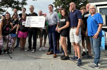 From left are Lena McAteer; Colleen Ramos; Jonathan Sismey, sponsorship director; state Sen. James Skoufis; Annie McPartland; Jesse Dwyer, Town of Warwick supervisor candidate; and Nancy Clifford, village trustee. Greenwood Lake Mayor Matt Buckley is in the back row, just to Jonathan Sismey’s left. (Photo provided)