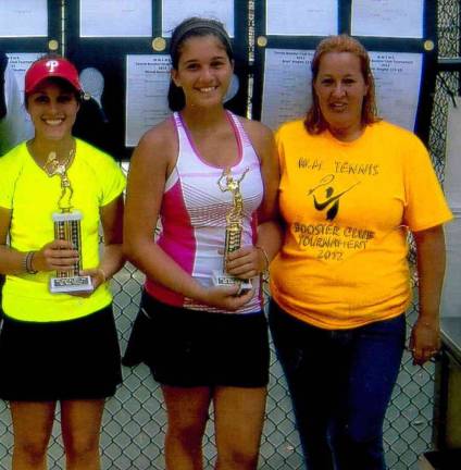 Franzie Fererico was the winner in the Girls Singles. Pictured here are Franzie Fererico, runner-up Diana Kreminsky, and Sue Dondershine, Booster Club president.
