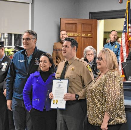 From left are state Assemblyman Christian Barranco; Assemblywoman Aura Dunn; Christopher Franek, assistant division firewarden with the New Jersey Forest Fire Service; and West Milford Mayor Michele Dale.