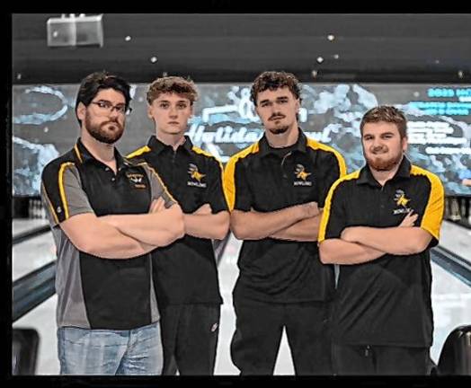 <b>From left are West Milford High School head bowling coach Alex Caillie with seniors Kyle Frommelt, Colton Hardison and Jaden Foster, the team captain. (Photo provided)</b>