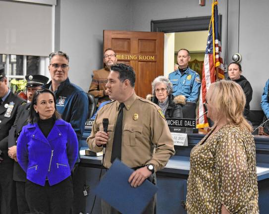 Christopher Franek, assistant division firewarden with the New Jersey Forest Fire Service, speaks during the meeting.