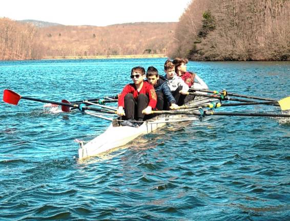 Training on Monksville Reservoir on Easter Weekend are, from left, Ethan Nir, Yair Blekher, Gavin Stekelenburg, Jake Mains and coxswain Rayna Bumbra.