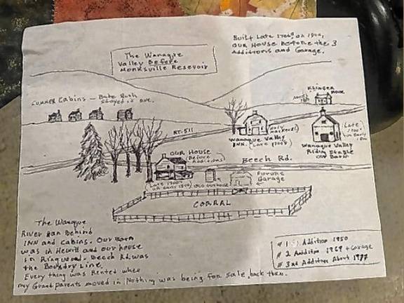 A portion of Wanaque Valley before the Monksville Reservoir covered the land is shown in a drawing by Barbara Van Der Sluys, who grew up there. (Photo courtesy of Ann Genader)