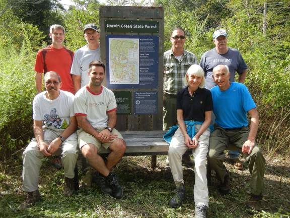 The volunteers who installed eight informational kiosks on trails in the area include, pictured here front row: Ed DiSalvo, Lou Leonardis, Irene Auleta and Gary Auleta. Back row: Don Weise, Bob LaCorte, Jim Gallo and Walter Easterbrook. Photo by Jennis Watson