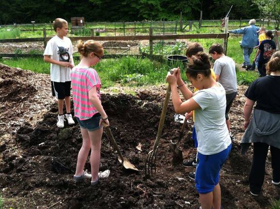 Fifth graders from Marshall Hill helped plant a garden in the Community Garden recently. They heard from David Watson-Hallowell, president of Sustainable West Milford, about organic farming.
