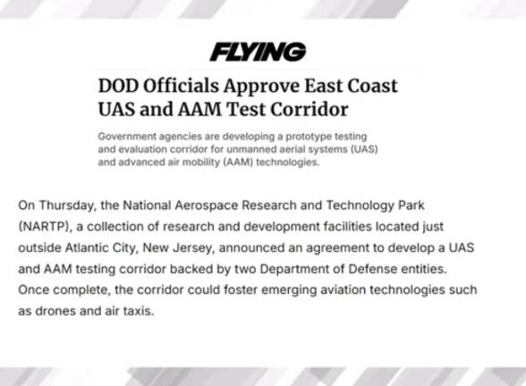 <b>Portion of an article from 2023 detailing approval of a drone testing corridor in New Jersey.</b>