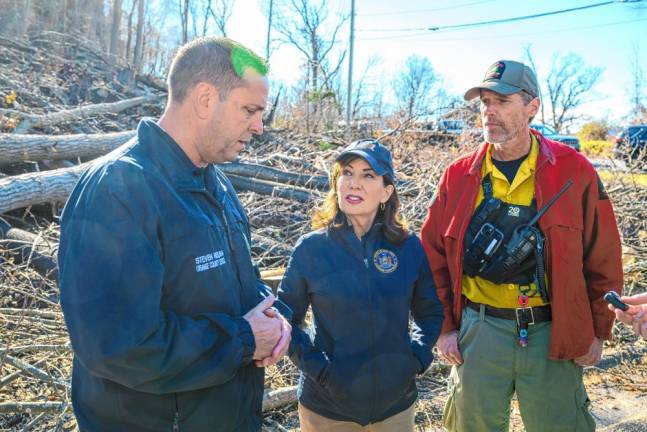 New York Gov. Kathy Hochul talks to first-responders battling the Jennings Creek Wildfire in Greenwood Lake on Tuesday, Nov. 12. (Photo by Susan Watts/Office of Governor Kathy Hochul)