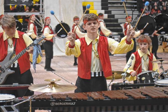 The Highlander Indoor Percussion squad performs ‘Mutiny’ in the 2025 Highlander Indoor Percussion Competition on Feb. 22 at West Milford High School. (Photos by Rich Adamonis)