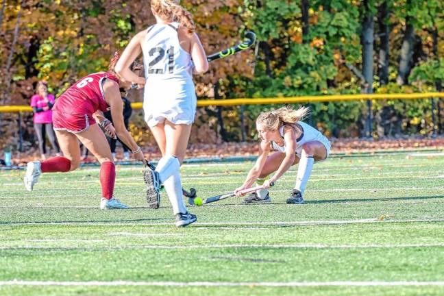 Vivian Sirnik of West Milford steals the ball at midfield with seconds remaining against Pompton Lakes.