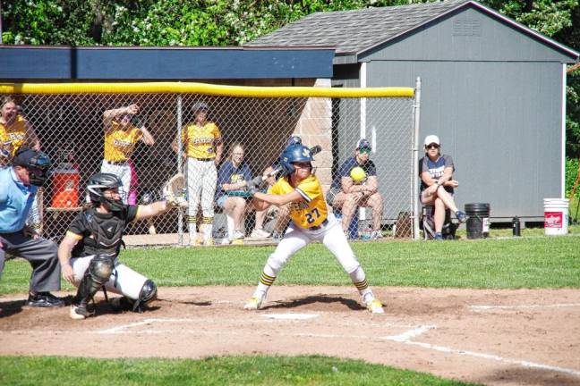 Jefferson batter Madison Manco watches the ball arrive high across home plate in the first inning.