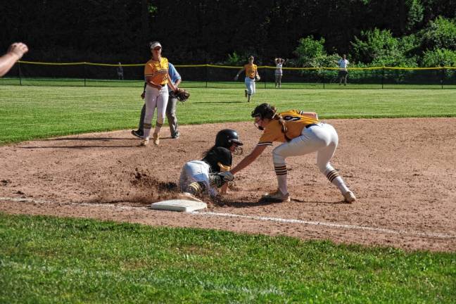 In the second inning of the NJSIAA North Jersey, Section 1, Group 2 quarterfinal Tuesday, May 28, Jefferson's Emmagrace Bartels tags out West Milford’s Charlotte Stoll at third base. Jefferson won, 2-0. (Photos by George Leroy Hunter)