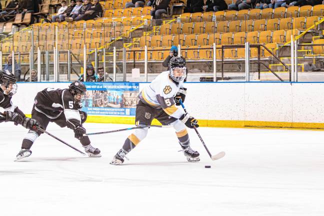 The Highlanders’ Joe Barroquerio controls the puck. He made one goal and one assist in the game. His goal came near the beginning of the third period. It was his 30th of the season.