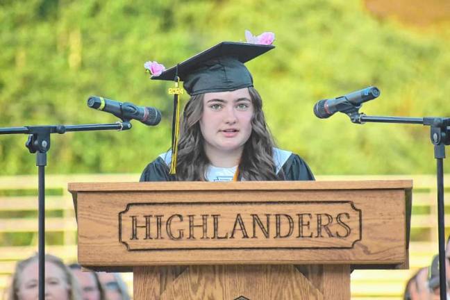 West Milford High School Class of 2024 valedictorian Ava Murphy speaks at graduation. (Photo by Rich Adamonis)