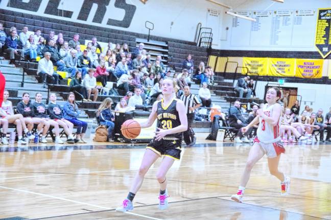 West Milford's Laurel Space is on the move in the first half of the game against High Point on Thursday, Feb. 27. The Highlanders won, 42-28, in the first round of the NJSIAA North Jersey, Section 1, Group 2 tournament. (Photos by George Leroy Hunter)