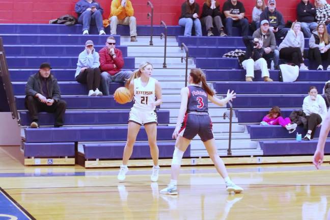 Jefferson's Alexa Juba handles the ball while covered by Lenape Valley's Addison Coles. Juba scored three points.