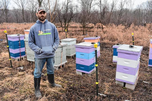 Rocky Hazelman withthe farm’s beehives, which produce honey for sale.