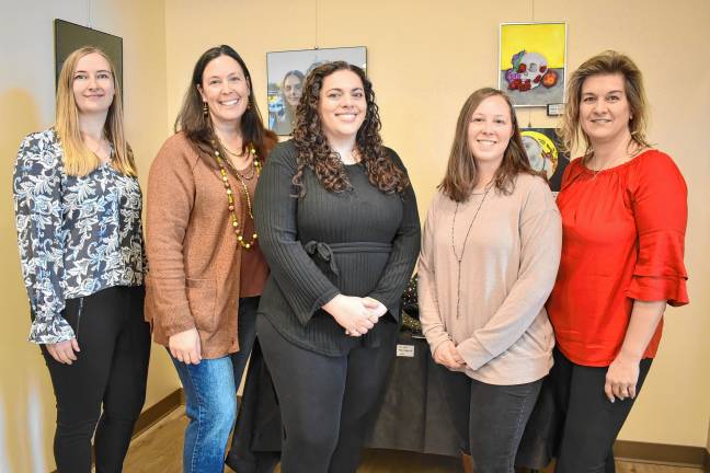 Art teachers who organized the West Milford School District’s student exhibit at the library, from left, are Jenna Sokolik (elementary), Jennifer Monego (high school), Jessica Ziegenbalg (elementary), Chelsea Pires (elementary) and Lorraine Poat (middle school).