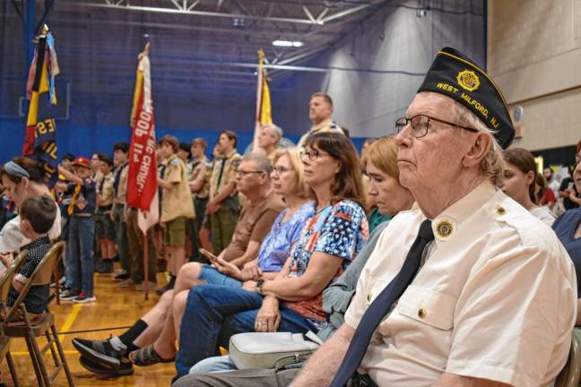 Vietnam War veteran Bob Gamble, who served in the U.S. Naval Construction Battalion, or Seabees, attends the Memorial Day ceremony along with a standing-room-only crowd in the West Milford Recreation Center.