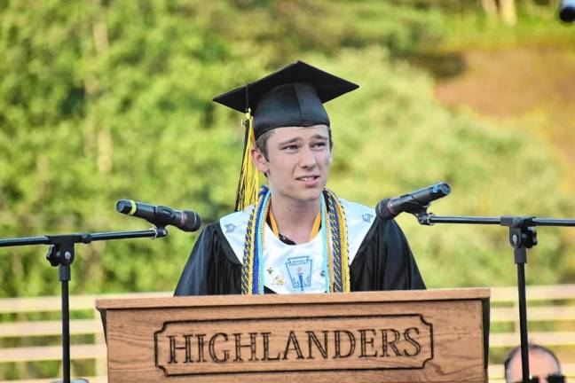 West Milford High School Class of 2024 salutatorian Colin Iwaszczuk speaks at graduation. (Photo by Rich Adamonis)