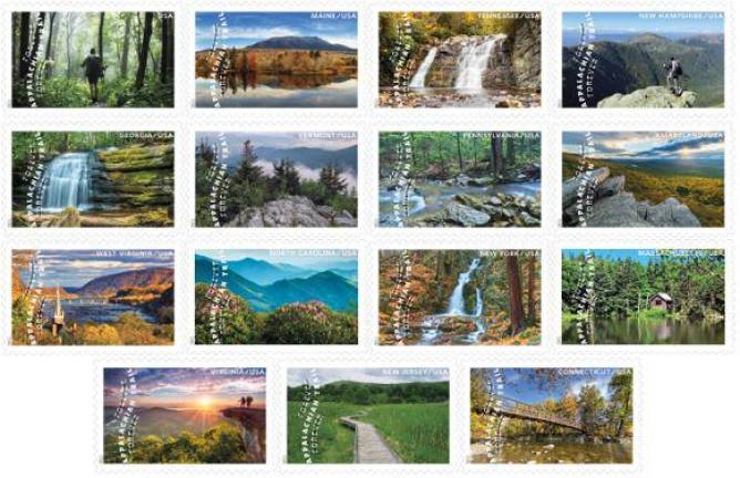 The Appalachian Trail stamp series includes one location in Vernon and one in Monroe, N.Y. (Image courtesy of the U.S. Postal Service)