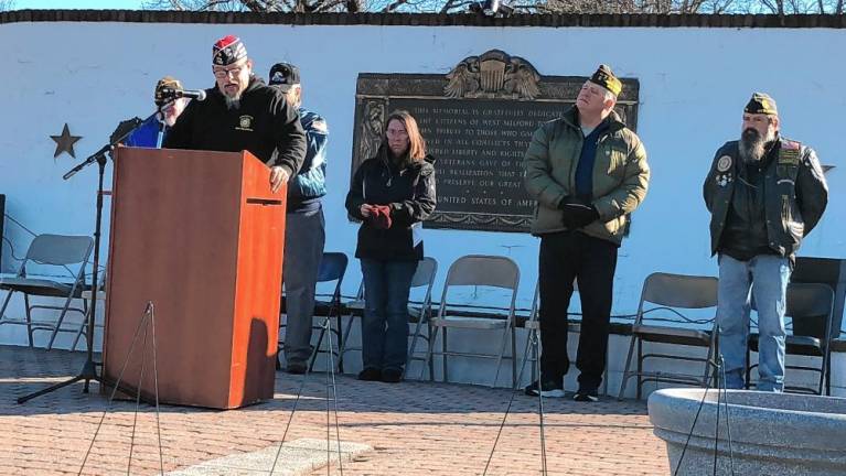 Rudy Hass, commander of Veterans of Foreign Wars Post 7198 in West Milford, speaks during the ceremony.