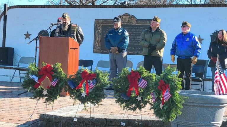 Dave Crum, commander of American Legion Post 289 in West Milford, speaks at the Wreaths Across America ceremony Saturday, Dec. 14.