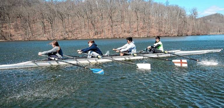 Training on Monksville Reservoir on Easter Weekend are, from left, Lizzie Nedeiraurer, Maximo Frezza, Noah Mathews and Gavin Quigley. (Photos courtesy of Advanced Community Rowing Association)