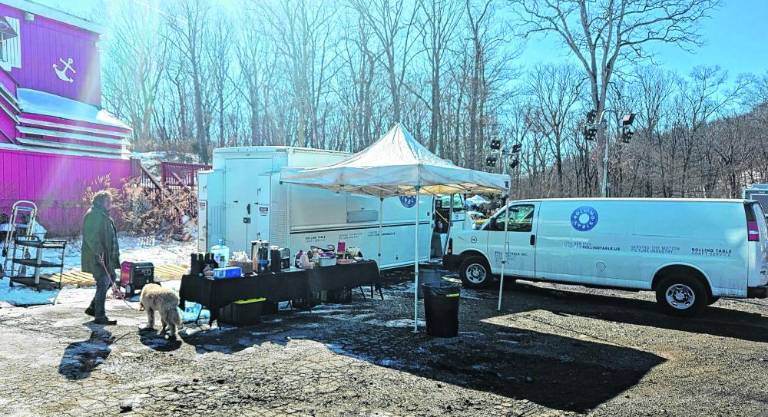 MV2 Food is set up for the cast and crew of ‘Mother, Father Sister, Brother,’ a movie being made by screenwriter and director Jim Jarmusch. According to publications covering the film industry, actress Cate Blanchett is in the movie, which is being shot in West Milford, in Ireland and in Paris.