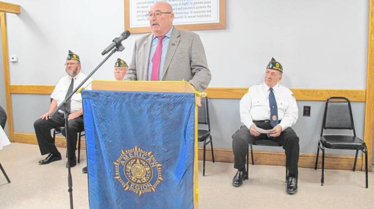 Greenwood Lake Mayor Tom Howley speaks to local veterans on Veterans Day.